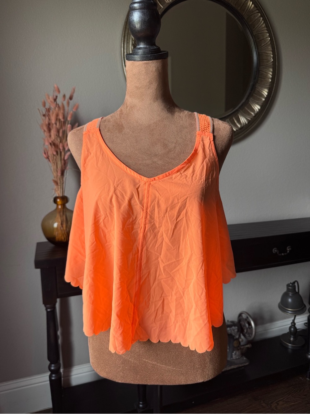 NWOT Free People Pretty Lil Running Top in Neon Mango Scallop-Hem SMALL